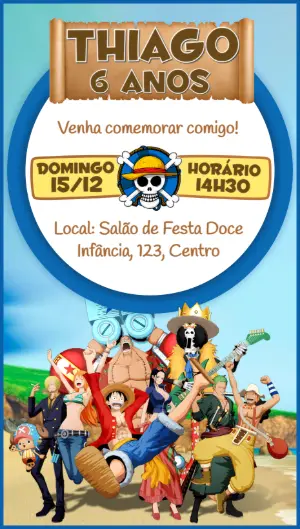 Convite Aniversário One Piece com Personagens para Editar Online