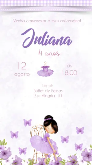 Convite de Aniversário Bailarina Lilás Aquarela para Editar