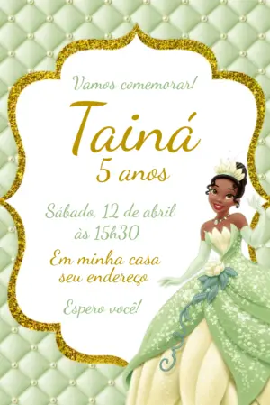 Convite Infantil Princesa Tiana Verde e Dourado Editável