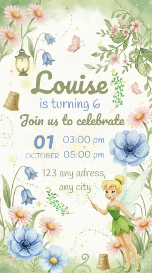 Editable Fairy Tinker Bell Birthday Invite with Watercolor Flowers