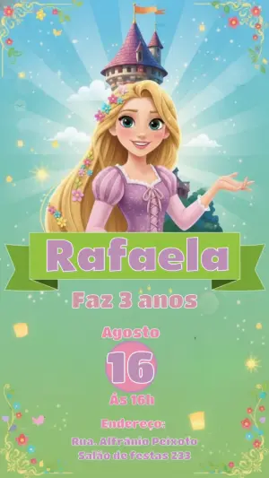 Convite Digital Aniversário Infantil Tema Rapunzel Editável