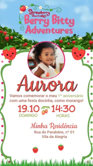 Vídeo Convite de Aniversário Moranguinho com Foto Editável