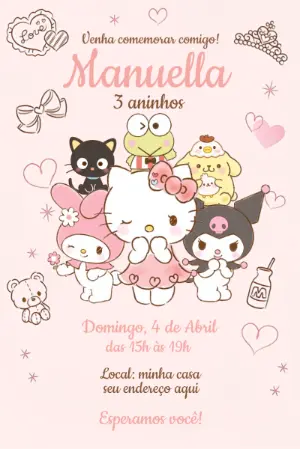 Convite de Aniversário Sanrio Kuromi Hello Kitty para Editar