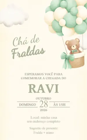 Convite Chá de Fraldas Ursinho Verde Balão Editável