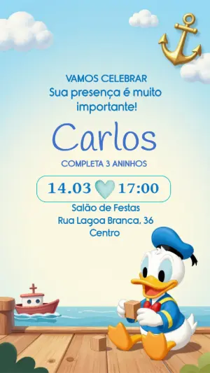 Convite de Aniversário Infantil Pato Marinheiro Editável