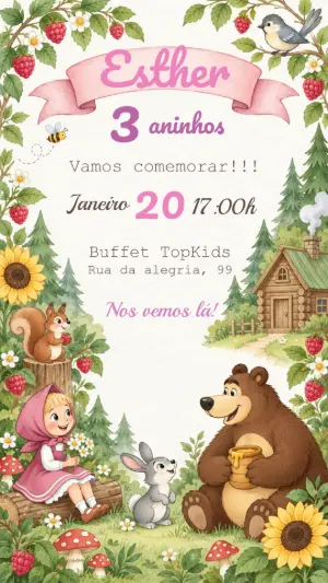 Convite de Aniversário Masha e o Urso para Editar Online