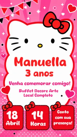 Convite de Aniversário Hello Kitty Rosa para Editar