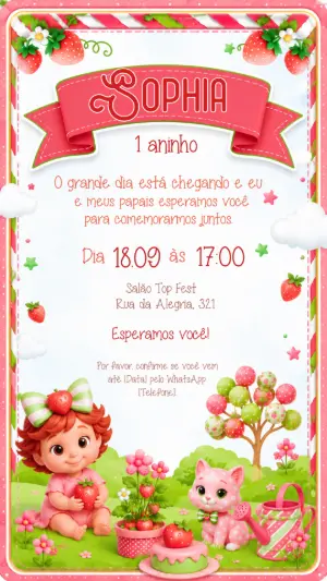 Convite de Aniversário Moranguinho Retrô para Editar