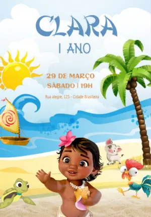 Convite Aniversário Moana Baby com Personagens para Editar Online