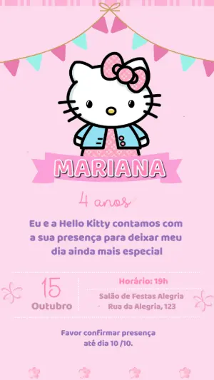 Convite de Aniversário Hello Kitty Rosa e Fofo para Editar