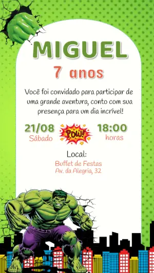 Convite de Aniversário Hulk para Editar e Imprimir Online