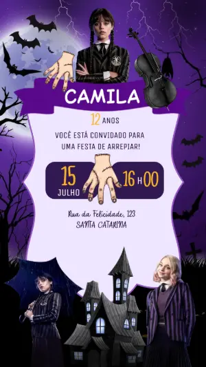 Convite de Aniversário Wandinha Addams para Editar