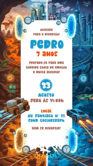 Convite de Aniversário Carros e Portais para Editar Online