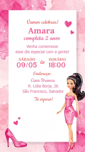 Convite de Aniversário Boneca Rosa e Glamour Editável
