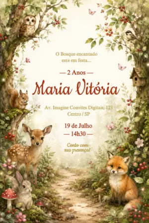 Convite de Aniversário Bosque Encantado Animais Editável