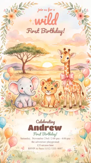 Wild One Safari Birthday Invitation - Editable Template