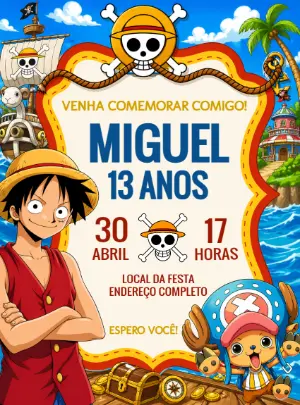 Convite Digital One Piece: Tema Pirata Editável para Aniversário