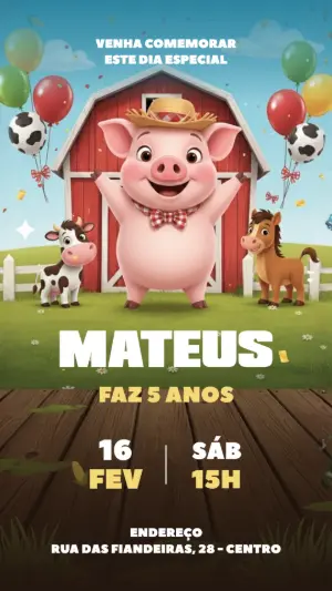Convite de Aniversário Fazendinha com Porquinho para Editar