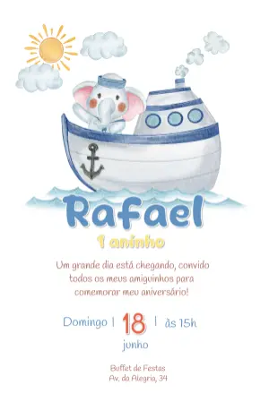 Convite Aniversário Elefante Marinheiro Aquarela Editável