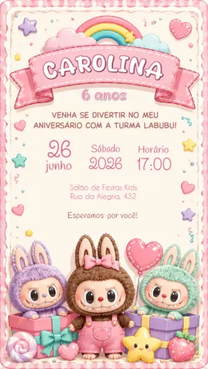 Convite de Aniversário Labubu Rosa para Menina Editável