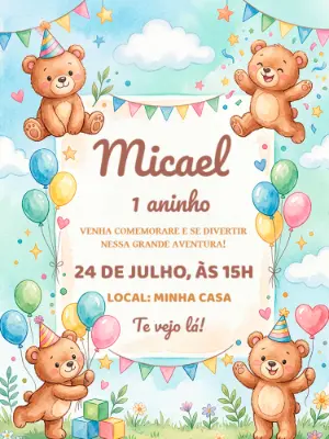 Convite de Aniversário Ursinho Aquarela Editável