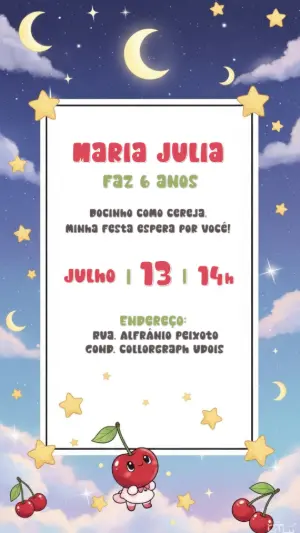 Convite de Aniversário Tema Cereja Doce para Editar Online