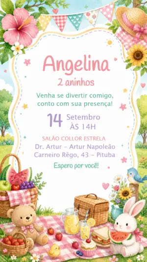 Convite de Aniversário Piquenique Aquarela para Editar
