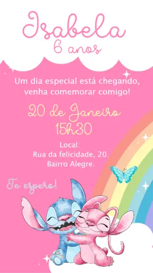 Convite Animado Aniversário Stitch e Angel para Editar Online