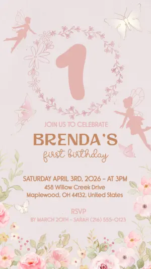 Editable Floral Fairy First Birthday Invitation