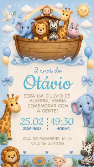 Convite de Aniversário Arca de Noé Menino Editável