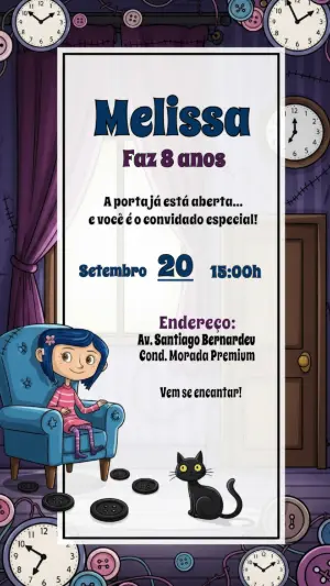 Convite de Aniversário Coraline para Editar Online