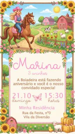Convite de Aniversário Barbie Boiadeira Fazendinha Editável para Menina