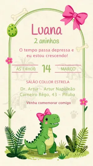 Convite de Aniversário Dinossauro Menina Rosa Editável