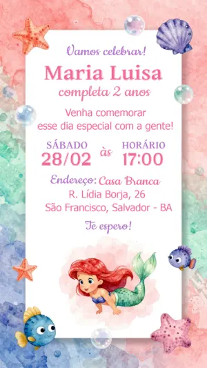 Convite de Aniversário Sereia Ariel em Aquarela Editável
