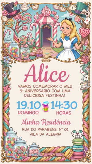 Convite de Aniversário Alice no Mundo Doce Editável