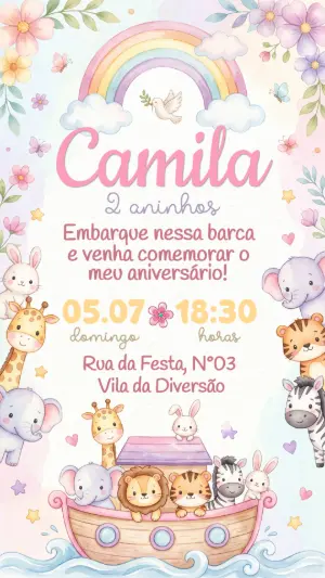 Convite de Aniversário Arca de Noé Menina Fofo para Editar