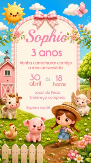 Convite de Aniversário Fazendinha Rosa para Editar