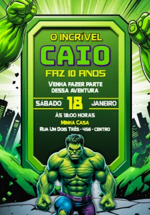 Convite de Aniversário Hulk Verde para Editar e Enviar