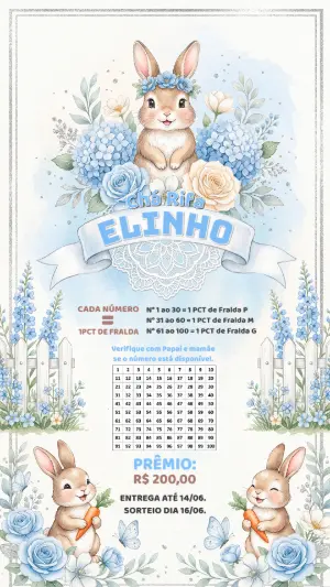 Chá Rifa Coelho Azul Aquarela Editável para Bebê