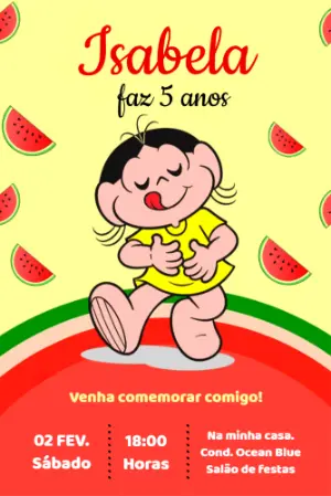 Convite de Aniversário Magali e Melancia Editável para Imprimir