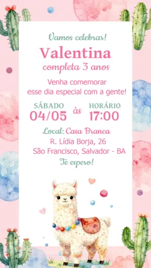 Convite Digital Aniversário Infantil Lhama e Cactos Editável