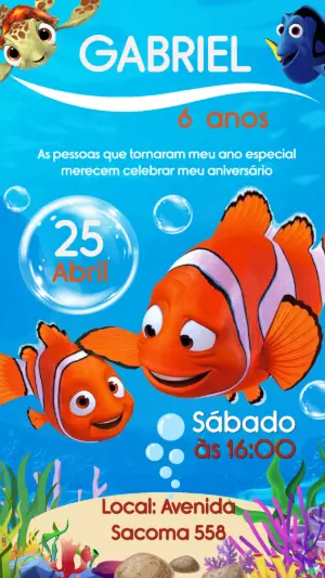 Convite Digital Infantil Procurando Nemo para Editar