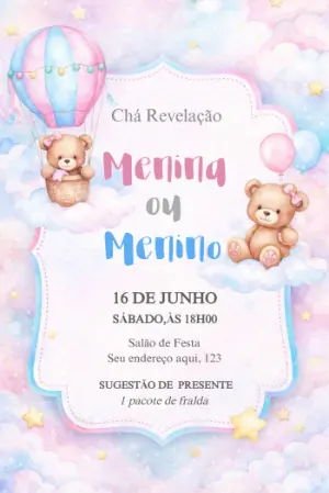 Convite Chá Revelação Ursinhos no Balão para Editar