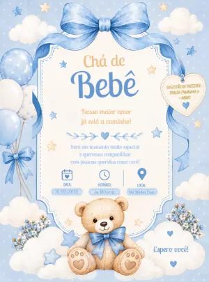 Convite Chá de Bebê Ursinho Príncipe Azul para Editar
