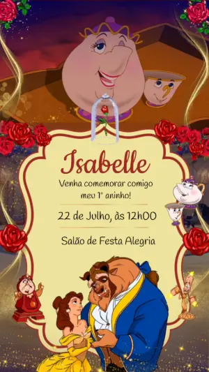 Convite Animado A Bela e a Fera: Vídeo Editável para Aniversário