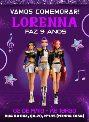 Convite Digital Aniversário Guerreiras do Kpop Editável