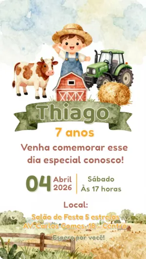 Convite de Aniversário Fazendinha Aquarela para Editar