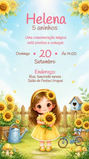 Convite de Aniversário Girassol para Menina | Modelo Editável