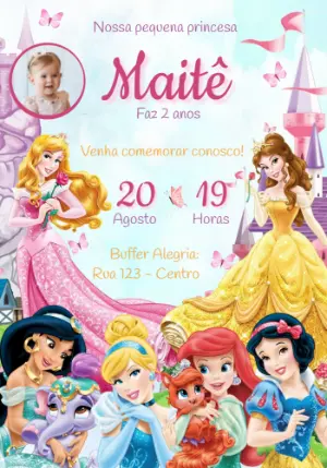 Convite Aniversário Princesas Disney com Foto para Editar Online