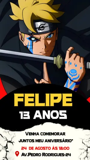 Convite de Aniversário Boruto: Modelo Digital para Editar